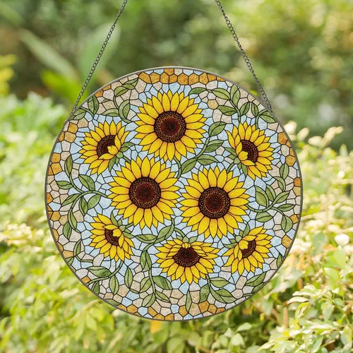 Sunflower Eucalyptus Leaves - Home Decor Gift for Garden Lover Stained Glass Suncatcher