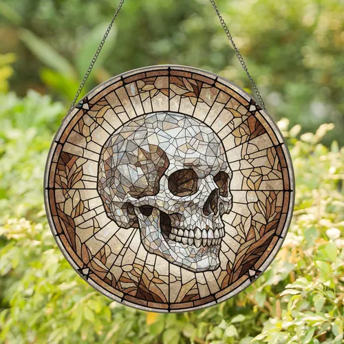 Luminous Skull with Prismatic Shards and Organic Foliage - Home Decor Gift Stained Glass Suncatcher