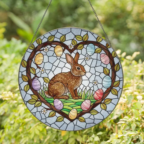 Brown Rabbit Easter Eggs Heart Floral Branches - Easter Holiday Gift for Home Decor Stained Glass Suncatcher