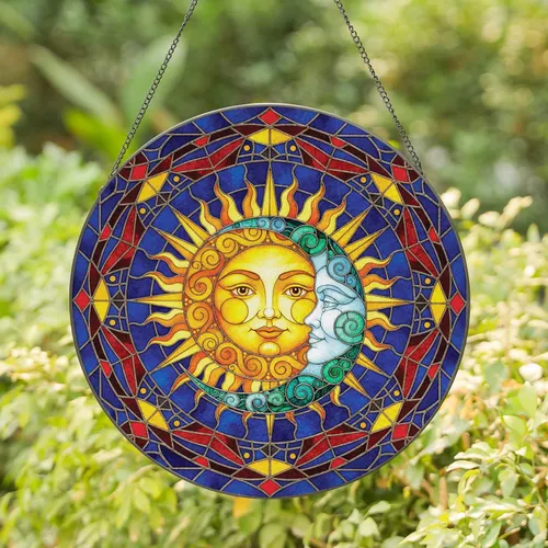 Sun Face Moon Profile Zigzag Triangle Dot Border Home Decor Gift Stained Glass Suncatcher