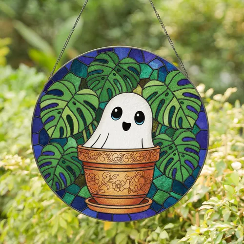 White Ghost Terracotta Pot Monstera Leaves - Home Decor Gift for Ghost Lover Stained Glass Suncatcher