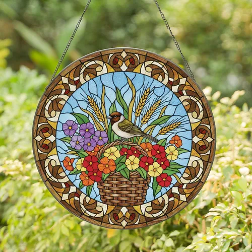 Bird on Basket Flowers Wheat Stalks - Home Decor Gift for Wildlife Lover Stained Glass Suncatcher
