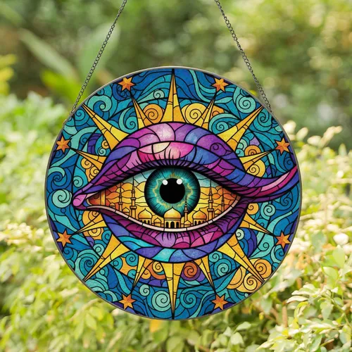 Majestic Watchful Eye Cityscape Domes Minarets Swirling Waves - Home Decor Gift Stained Glass Suncatcher
