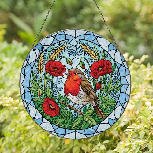 European Robin Red Poppies Golden Wheat Forget-Me-Nots - Home Decor Wildlife Lover Gift Stained Glass Suncatcher