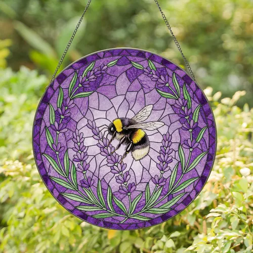 Tiffany Stained Glass Bumblebee Pollinating Lavender Flowers - Home Decor Gift Stained Glass Suncatcher