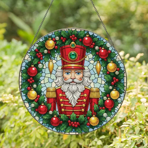 Nutcracker Holly Christmas Wreath Ornaments Holiday Decor Gift Stained Glass Suncatcher