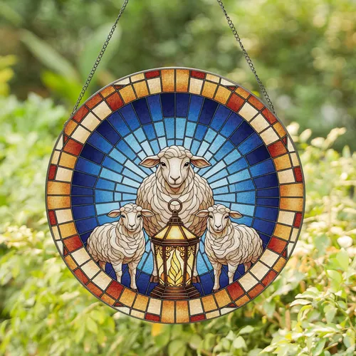 Three Sheep Ornate Lantern Stained Glass - Home Decor Gift Stained Glass Suncatcher