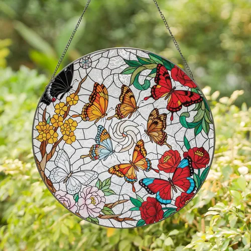 Six Butterflies Rose Peony Flowers - Home Decor Gift for Butterfly Lover Stained Glass Suncatcher
