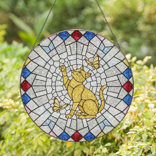 Golden Glitter Cat Butterflies Frosted Glass Jewel - Home Decor Gift for Cat Lover Stained Glass Suncatcher