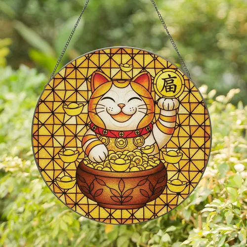 Maneki-Neko Lucky Cat Gold Coin Sycee - Wealth Luck Home Decor Gift for Cat Lover Stained Glass Suncatcher