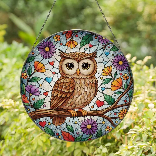 Fluffy Brown Owl Wildflowers Leaves Hearts Nature Inspired Home Decor Gift for Owl Lover Stained Glass Suncatcher