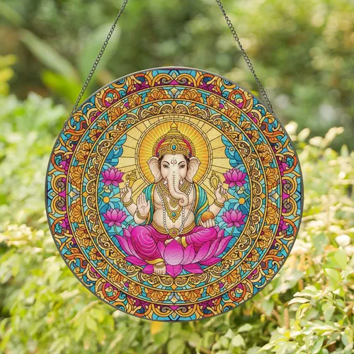 Lord Ganesha Lotus Elephant - Spiritual Home Decor Gift for Yoga Lover Stained Glass Suncatcher