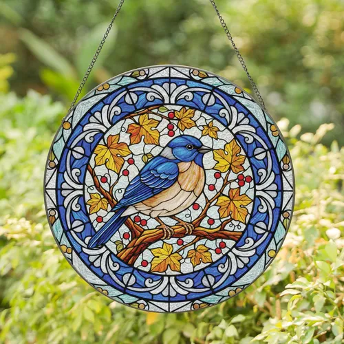 Gnarled Branch Songbird Grape Leaves Berries - Home Decor Gift for Wildlife Lover Stained Glass Suncatcher