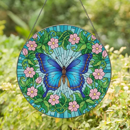 Blue Butterfly Spread Wings Pink Flowers Green Vines - Home Decor Gift for Butterfly Lover Stained Glass Suncatcher