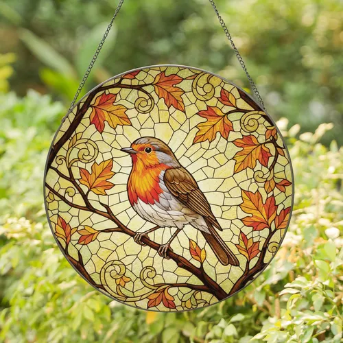 European Robin Autumn Leaves Floral - Home Decor Gift for Bird Lover Stained Glass Suncatcher