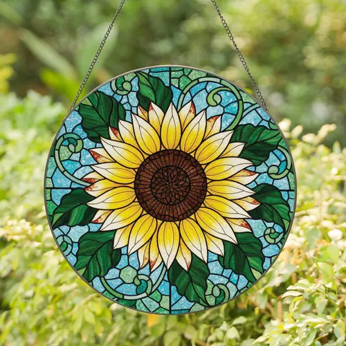 Stained Glass Sunflower Leaf Vine Mosaic Floral - Home Decor Gift for Garden Lover Stained Glass Suncatcher