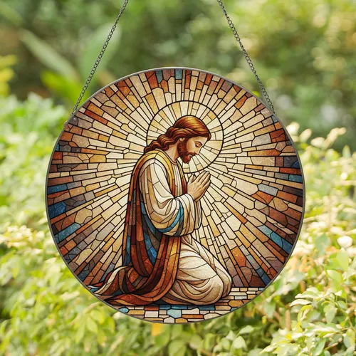 Jesus Kneeling Prayer Flowing Robe Ethereal Light - Religious Home Decor Gift Stained Glass Suncatcher