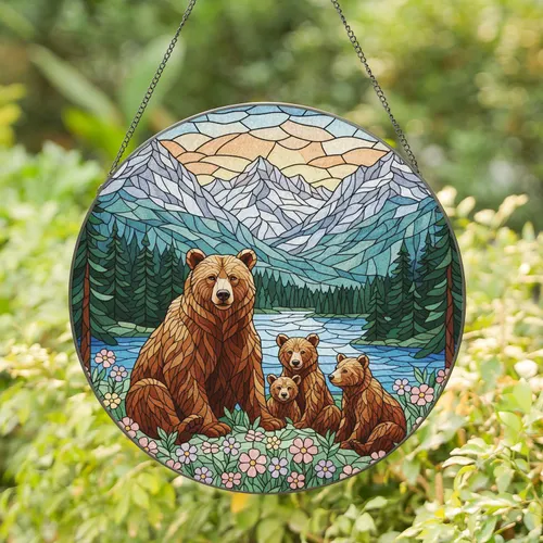 Family Bears Wildflower Forest Mountain Lake Nature Lover Home Decor Gift Stained Glass Suncatcher