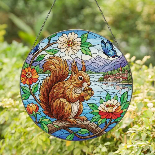 Squirrel Butterfly Lake Mountain Town - Home Decor Gift for Wildlife Lover Stained Glass Suncatcher