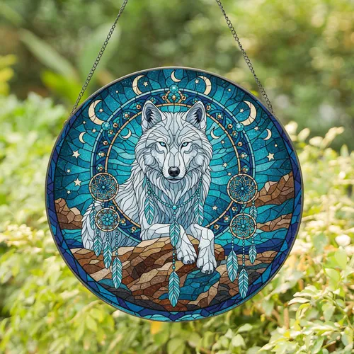 White Wolf Dreamcatcher Celestial Mosaic - Wildlife Lover Home Decor Gift Stained Glass Suncatcher