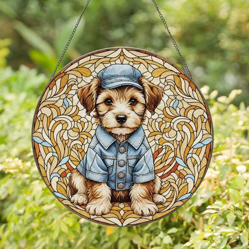 Terrier Puppy Dog Denim Hat Jacket - Home Decor Gift for Dog Lover Stained Glass Suncatcher