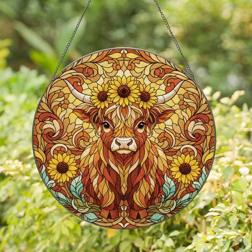 Highland Cow Calf Sunflowers - Farmhouse Decor Gift for Cow Lover Stained Glass Suncatcher