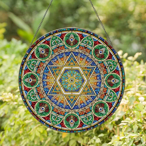 Elaborate Star of David Luminous Core Square Panes - Window Home Decor Gift Stained Glass Suncatcher