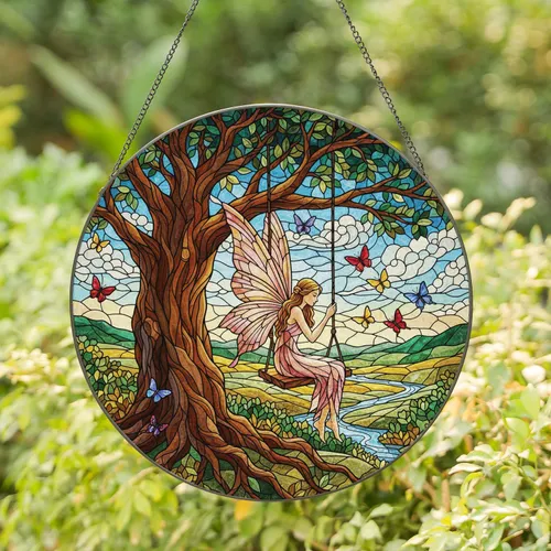 Graceful Fairy Iridescent Wings Wooden Swing Tree - Home Decor Gift for Fairy Lover Stained Glass Suncatcher