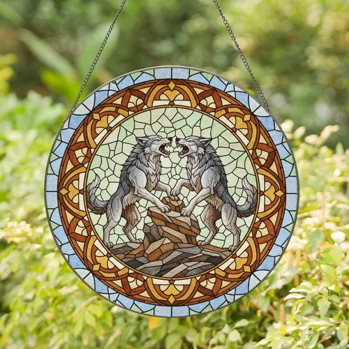 Snarling Grey Wolves Rock Formation - Wildlife Lover Home Decor Gift Stained Glass Suncatcher