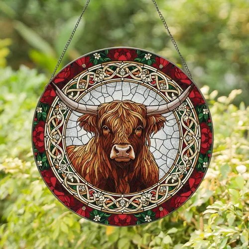 Highland Bull Celtic Knot Floral Pine - Farmhouse Decor for Cow Lover Stained Glass Suncatcher