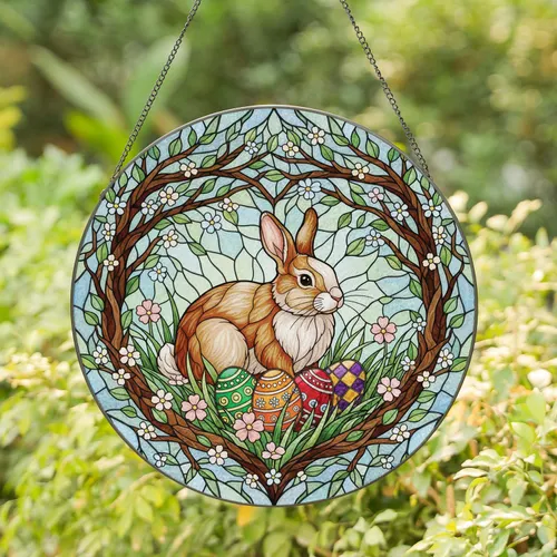 Brown White Rabbit Easter Eggs Heart Branches Grass Blossoms - Easter Gift for Rabbit Lover Stained Glass Suncatcher