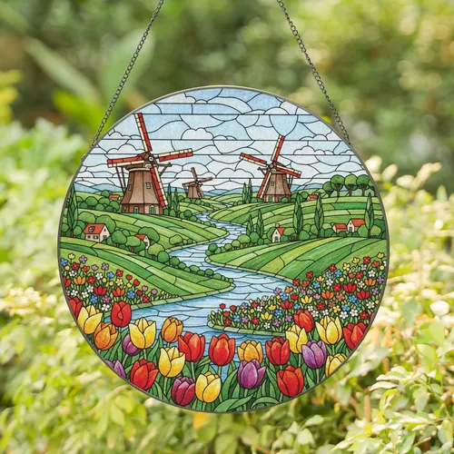 Dutch Windmills Tulip Garden River Scene - Home Decor Gift for Garden Lover Stained Glass Suncatcher