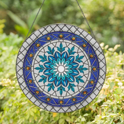 Icy Blue Teal Snowflake Starburst Fronds Botanical Rhomboid Accents - Home Decor Gift Stained Glass Suncatcher