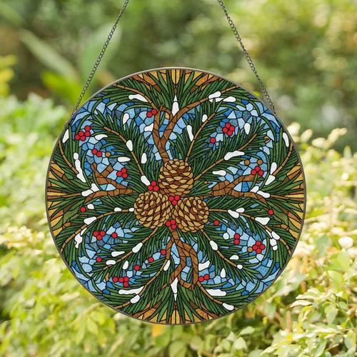 Pinecones Pine Needles Snow Pine Branches - Winter Forest Home Decor Gift Stained Glass Suncatcher