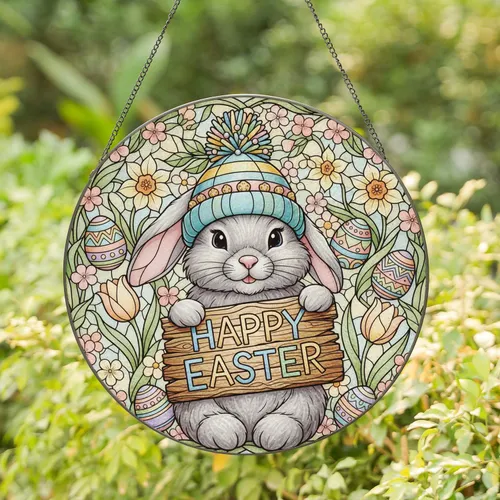 Easter Bunny Happy Easter Sign Spring Flowers - Easter Holiday Home Decor Gift Stained Glass Suncatcher