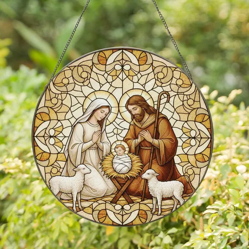 Mary Joseph Baby Jesus Lambs - Christmas Home Decor Gift Stained Glass Suncatcher