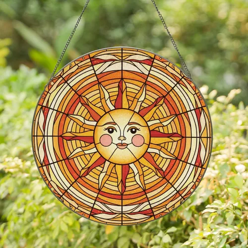 Smiling Sun Round Face Sun Rays Celestial - Home Window Decor for Celestial Lover Stained Glass Suncatcher