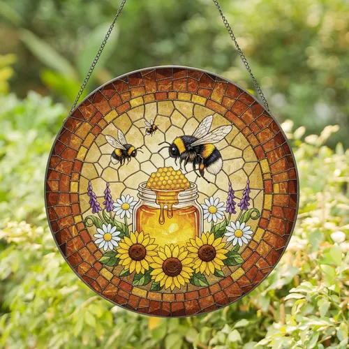 Bumblebee Honeycomb Sunflowers Wildflowers - Home Decor Gift for Garden Lover Stained Glass Suncatcher