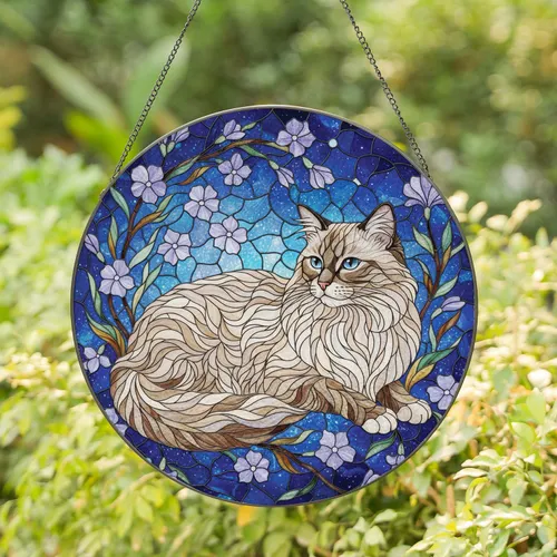 Ragdoll Cat Flowers Leaves Cosmic Patterns - Home Decor Gift for Cat Lovers Stained Glass Suncatcher