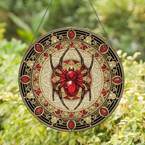Red Spider Golden Filigree Gothic Tracery Ruby Jewel - Home Decor Gift for Arachnid Fan Stained Glass Suncatcher