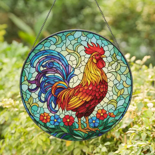 Red Comb Wattle Iridescent Rooster Feathers Flowers - Home Decor Gift Stained Glass Suncatcher