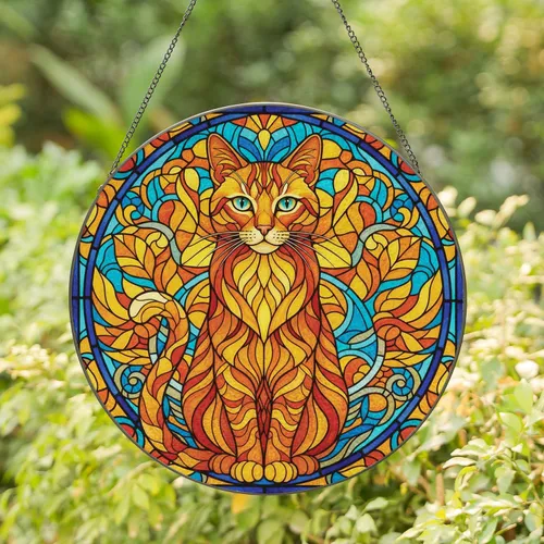 Tiffany Stained Glass Ginger Cat - Home Decor Housewarming Gift for Cat Lovers Stained Glass Suncatcher