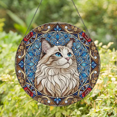Ragdoll Cat Blue Eyes Dreamcatcher Floral Stained Glass Mosaic Home Decor Gift for Cat Lover Stained Glass Suncatcher