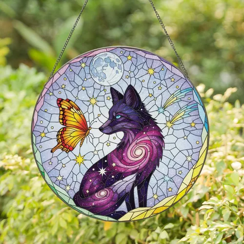 Cosmic Black Fox Butterfly Full Moon Stars - Celestial Home Decor Gift for Fox Lover Stained Glass Suncatcher