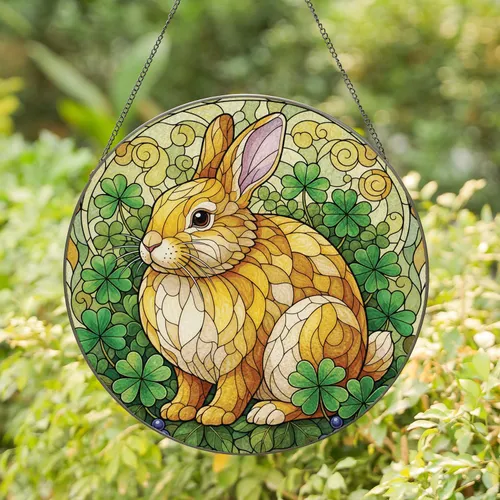 Plump Rabbit Clover Leaf Berries - Home Decor Gift for Garden Lover Stained Glass Suncatcher