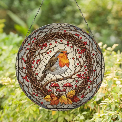 European Robin Berries Mushrooms Autumn Leaves Branch - Home Decor Gift Stained Glass Suncatcher