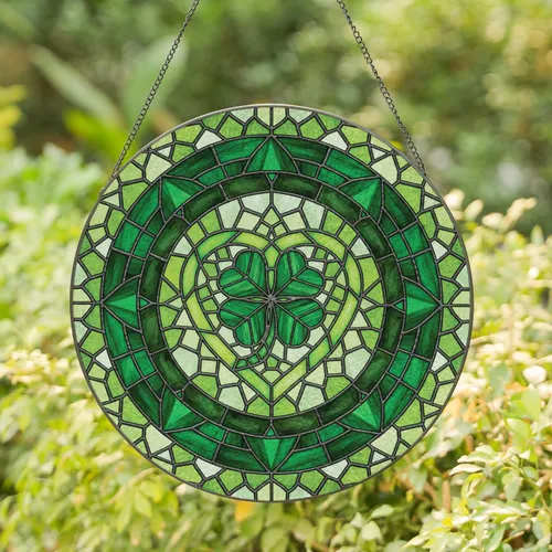 Celtic Knot Heart Four Leaf Clover Emerald Green Border - Home Decor Gift Stained Glass Suncatcher