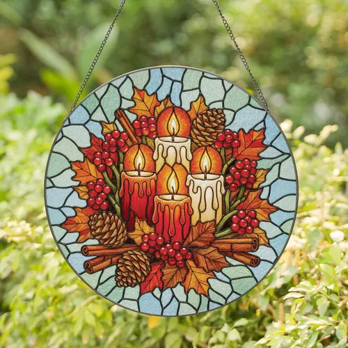 Illuminated Candles Autumn Leaves Berries Pinecones - Autumn Home Decor Stained Glass Suncatcher