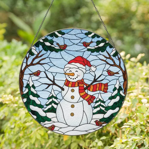 Snowman Red Hat Scarf Birds Evergreen Trees - Christmas Winter Holiday Home Decor Gift Stained Glass Suncatcher