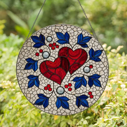 Two Red Hearts Intertwined Vines Blue Leaves Red Berries - Home Decor Gift Stained Glass Suncatcher